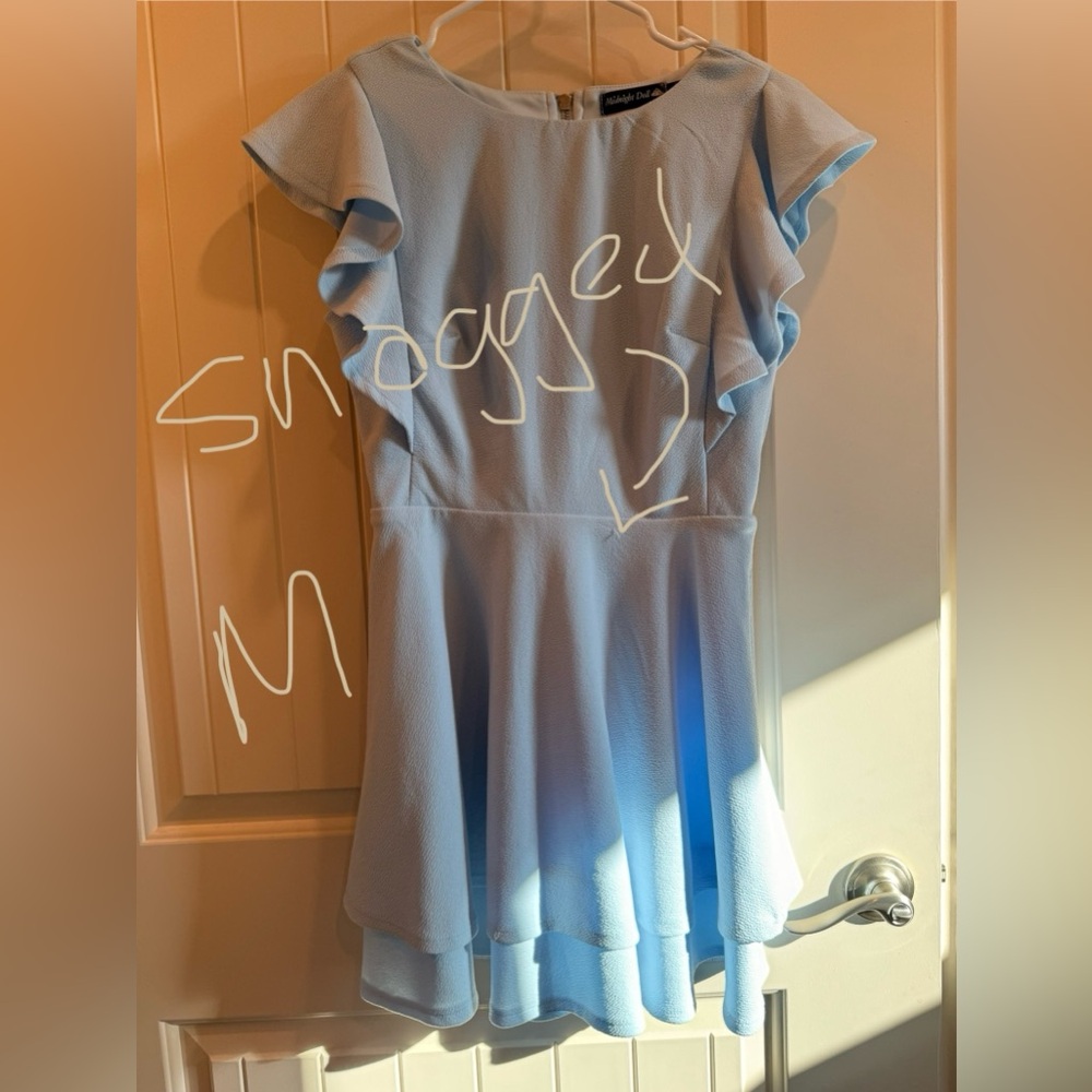 Midnight Doll, Jr Medium, Flutter Sleeve Double Hem Fit&Flare Dress, Baby Blue